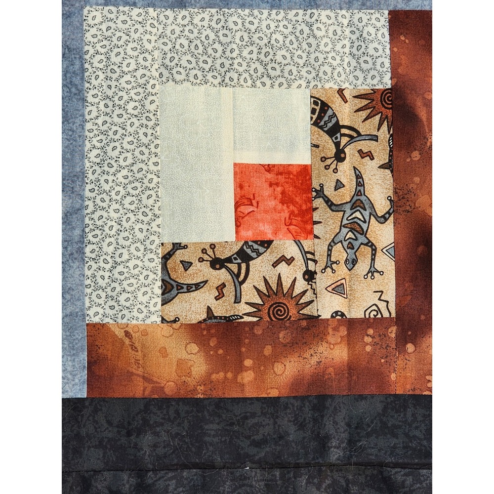 Handmade Southwest Kokopelli Log Cabin Quilt Top Blue Orange 78x106 Unfinished - Picture 3 of 8